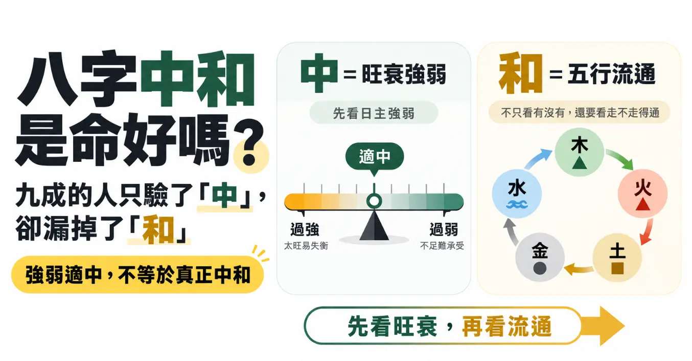 拆解八字中和真實意涵的視覺圖表。畫面將概念分為兩層：左側以天平示意「中」代表日主旺衰強弱需適度，避免過強或過弱；右側以相生循環圖說明「和」代表五行能量必須順暢流通。藉此提醒強弱適中不等於真正中和，評估命盤必須同時檢視旺衰平衡與五行氣勢流通。