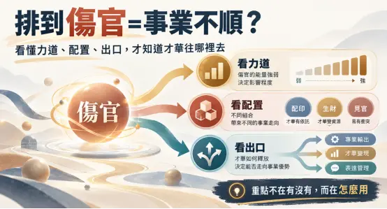破解「八字傷官等於事業不順」迷思的能量應用解析圖。畫面將傷官特質拆解為力道強弱、星曜配置（配印、生財、見官），以及才華出口三大評估指標，客觀說明如何將先天的八字傷官能量，有效轉化為職場上的專業輸出與變現優勢。