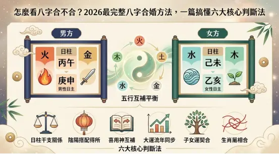 這份怎麼看八字合不合指南直接拆解六大關鍵指標。從男女雙方的五行互補平衡出發，一路檢視日柱干支、陰陽搭配、喜用神互補，再到大運流年與子女運的同步率，帶你全面評估兩人的真實契合度。