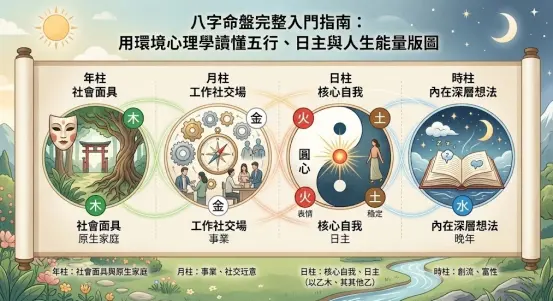 結合環境心理學的八字命盤四柱解析圖。卷軸畫面將年、月、日、時四柱，分別具象化對應為社會面具與原生家庭、工作社交與事業、核心自我（日主），以及內在深層想法與晚年生活，直觀展示各宮位在人生能量版圖中的實質意義。