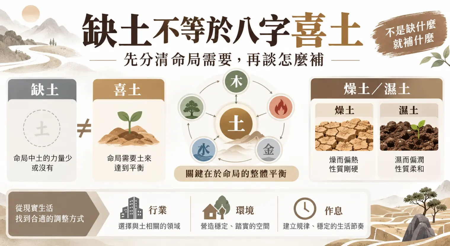 這是一張釐清「八字喜土」正確觀念的教學圖卡。畫面首先點出缺土不等於喜土的核心盲點，強調應以命盤整體平衡為考量，並進一步將五行之土細分為性質剛硬的燥土與柔和的濕土；下方則提供從行業選擇、環境空間到作息規律的具體建議，幫助讀者在現實生活中找到最合適的五行調整方式。