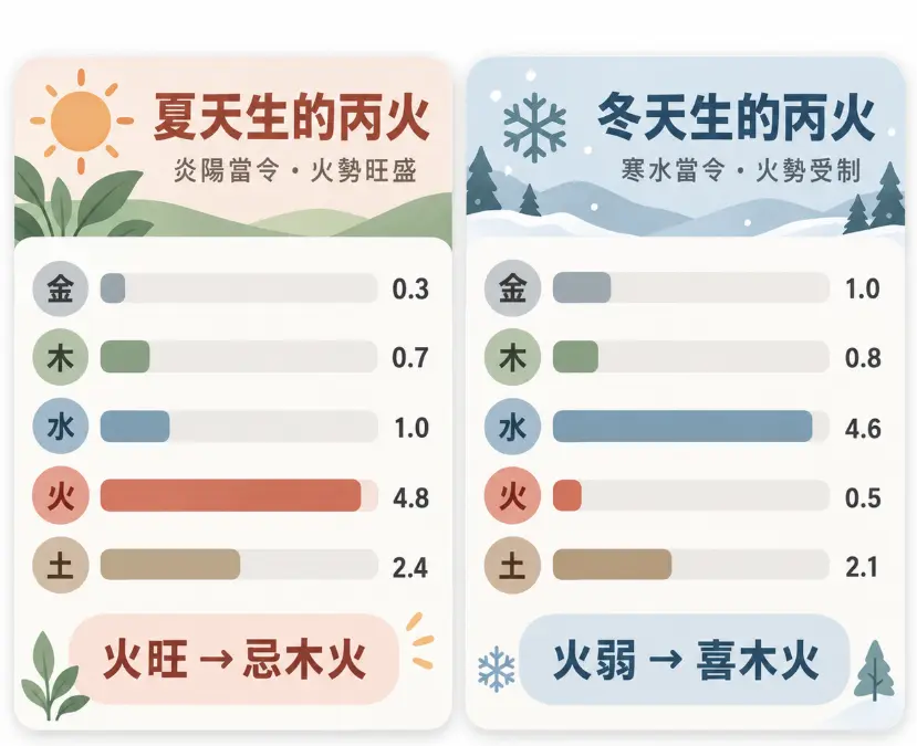 這是一幅透過季節對比來解說「八字喜木火」判定邏輯的示意圖。畫面以丙火日主為例，左側夏天出生的丙火因火勢過旺，反而必須「忌木火」；右側冬天出生的丙火則因水旺剋火導致火勢微弱，這時才是真正的「喜木火」。圖卡透過具象化的五行能量長條圖對比，直觀地展示了八字喜忌必須嚴格依據整體命局的旺弱與季節來判定，而非單憑直覺。