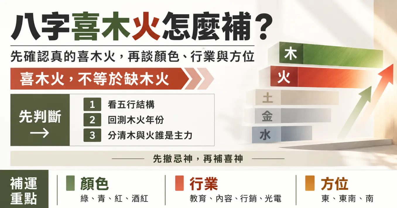 這是一張解析「八字喜木火」正確補運觀念的圖卡。畫面首先點破「喜木火不等於缺木火」的常見迷思，列出看五行結構、回測年份與分清主力的三大判斷步驟；下方則整理了具體的補運重點，包含專屬的幸運顏色（綠、紅等）、適合投入的行業（教育、行銷等），以及有利的發展方位，教導讀者在確認喜神後，如何精準在生活中實踐開運。