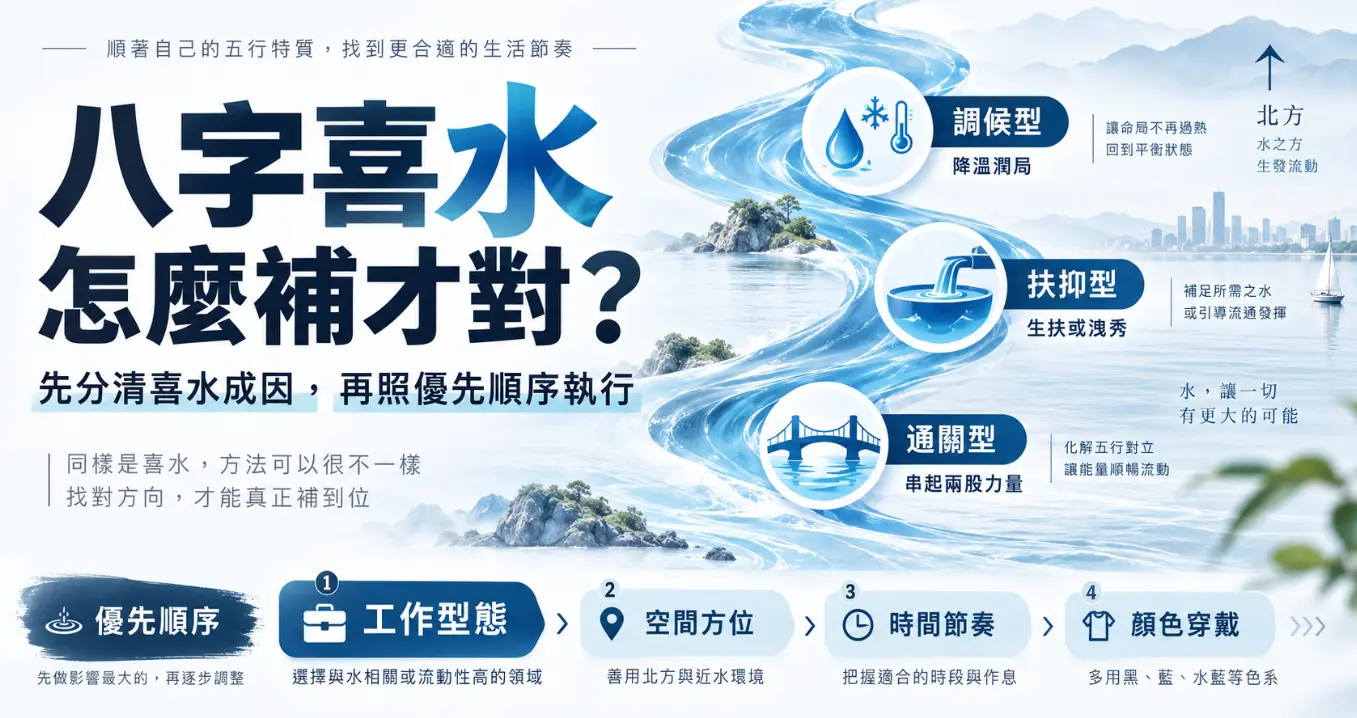 图表详细展示了当八字喜水时，如何通过调候润局、扶抑生扶或洩秀、通关串联能量三种补运机制，并从工作领域、空间方位、时间节奏和颜色穿戴四个维度进行补充的具体方法和执行优先级。
