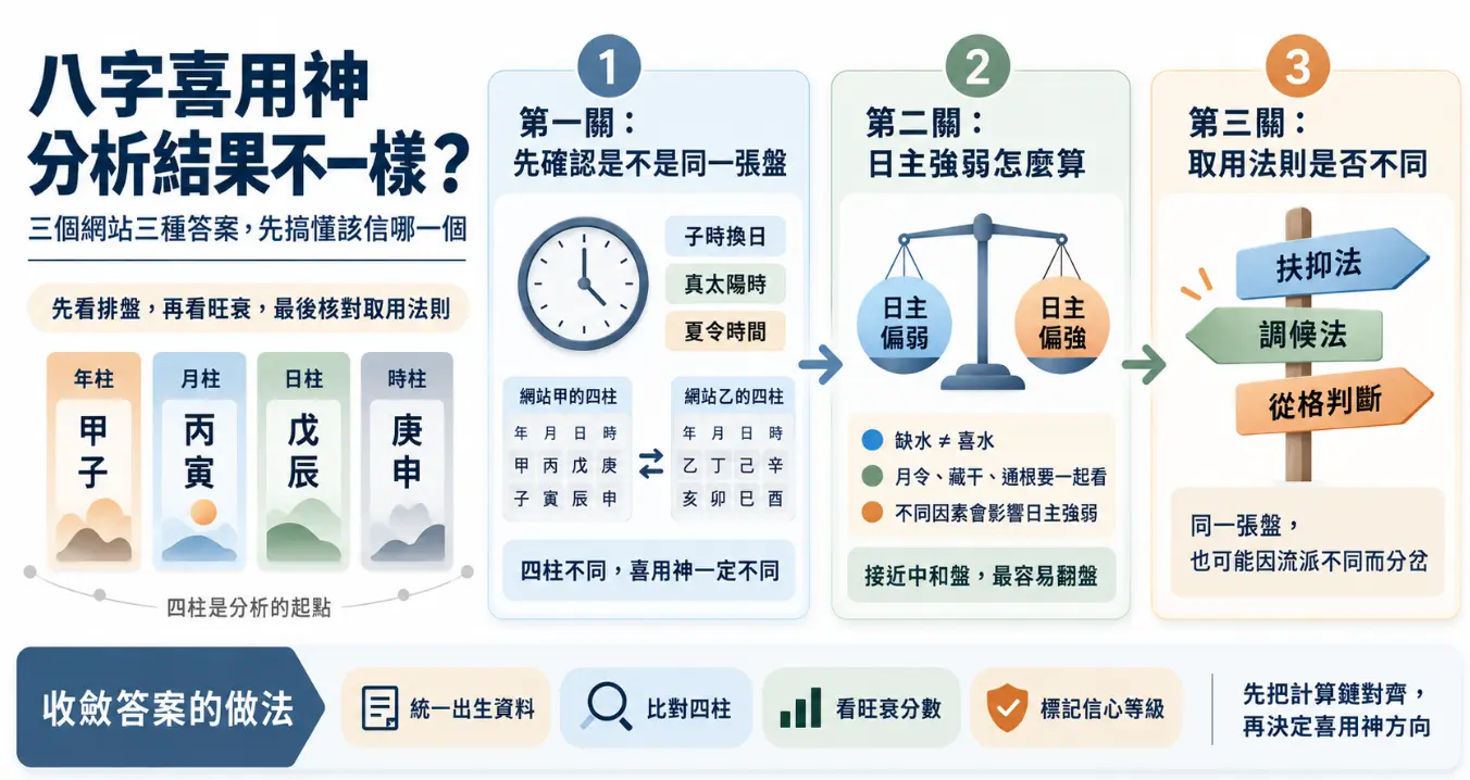一張解析八字喜用神分析結果為何不同的判定流程圖。畫面列出核對真太陽時、計算日主強弱，以及確認取用法則（扶抑、調候、從格）三個排查步驟，說明收斂命理答案的正確做法。