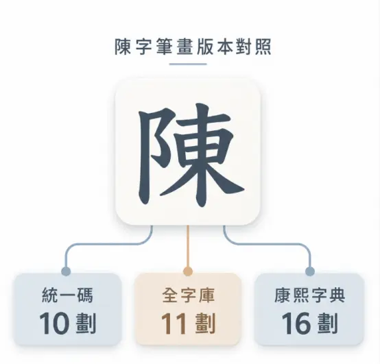 呈現八字姓名筆畫不同系統數值落差的對照圖。以「陳」字為焦點向下延伸，客觀標記該字在統一碼為10劃、全字庫為11劃，康熙字典則為16劃。直觀展示單一文字在不同資料庫中的筆畫認定差異。