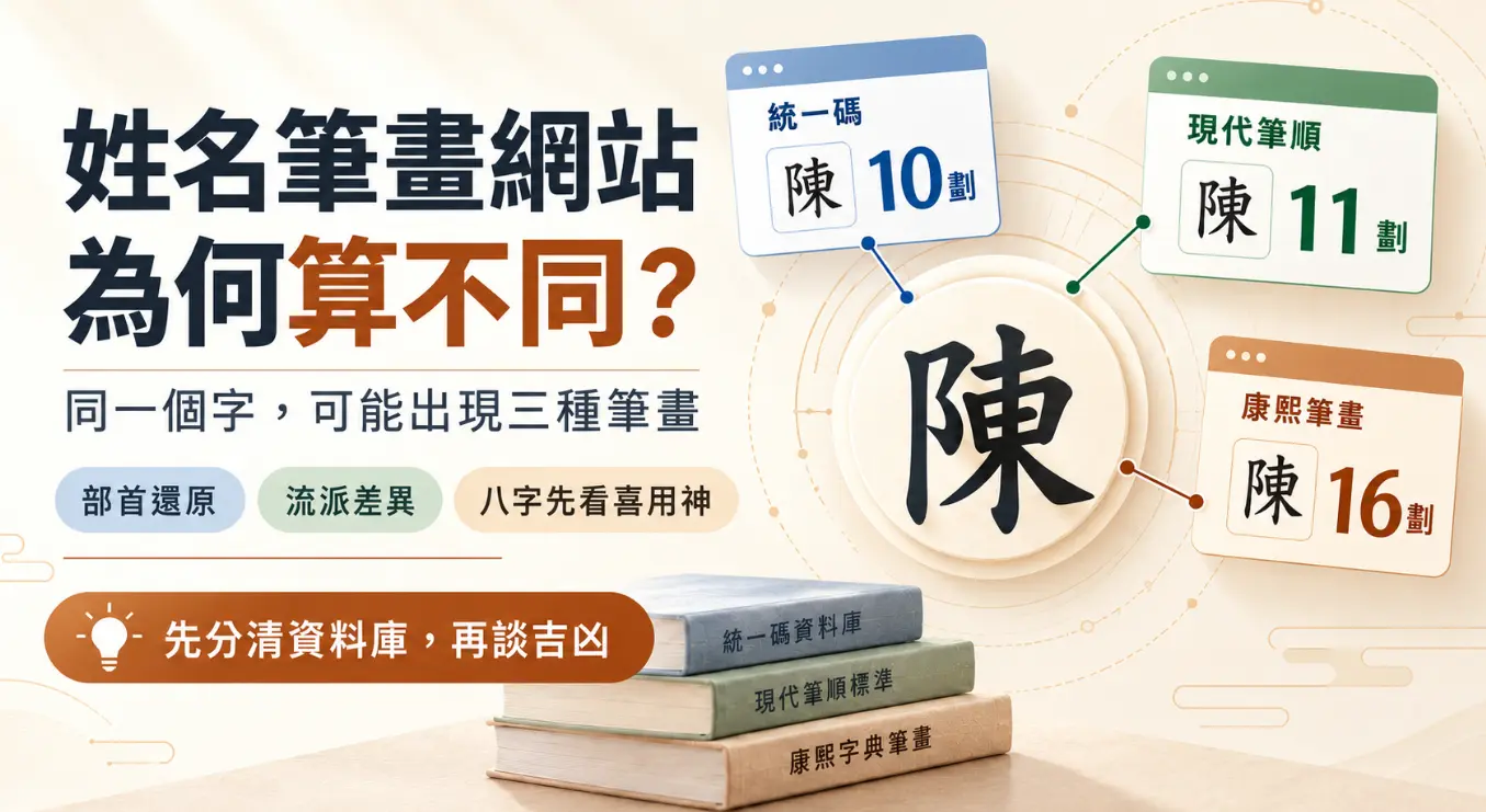 說明八字姓名筆畫計算差異的圖表。以「陳」字為例，對比統一碼10劃、現代筆順11劃與康熙筆畫16劃三種結果。圖中指出部首還原與流派差異會導致數據不同，提醒測算前應先釐清系統的資料庫標準。