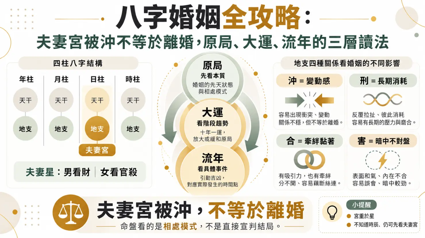 探討八字婚姻解析邏輯的攻略圖解。畫面點出日支為夫妻宮與男女夫妻星原則，並說明原局、大運、流年三層讀法，以及沖合刑害對關係的影響，強調夫妻宮被沖代表變動而非絕對離婚。
