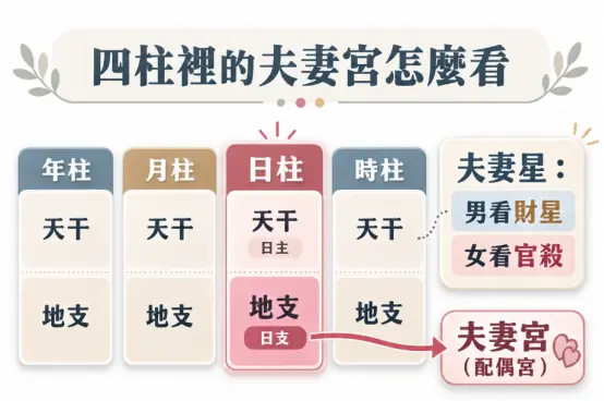 指導如何在四柱中定位八字婚姻關鍵的示意圖。畫面將年月日時排開,明確標示日柱下方的地支即為探討婚姻狀態的核心「夫妻宮」。同時補充男看財星、女看官殺的夫妻星原則,助人掌握命盤密碼。