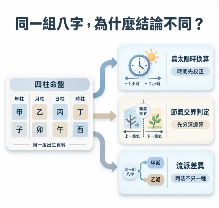 流程图解释了导致同一个生辰八字可能得出不同命理定性结论（如是否真喜水）的三个核心原因：对出生时间进行真太阳时校正、节气交界处的边界判定标准差异、以及不同命理流派判断方法的不同。