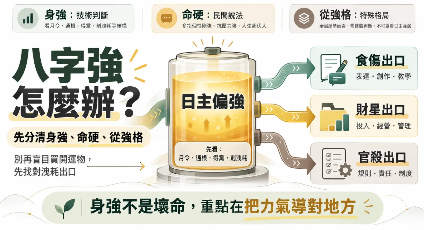 解說八字強該如何疏導能量的示意圖。以滿電電池比喻偏強的日主，列出食傷、財星與官殺三大洩耗出口，強調重點在於將過剩力氣導向正確領域，而非盲目購買開運物。