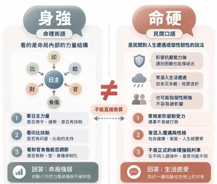 對比八字強（身強）與命硬差異的圖表。左側指出身強是評估命局五行力量結構的專業術語，右側說明命硬是形容抗壓性或生活遭遇的民間說法，強調兩者基準不同，不可直接換算。