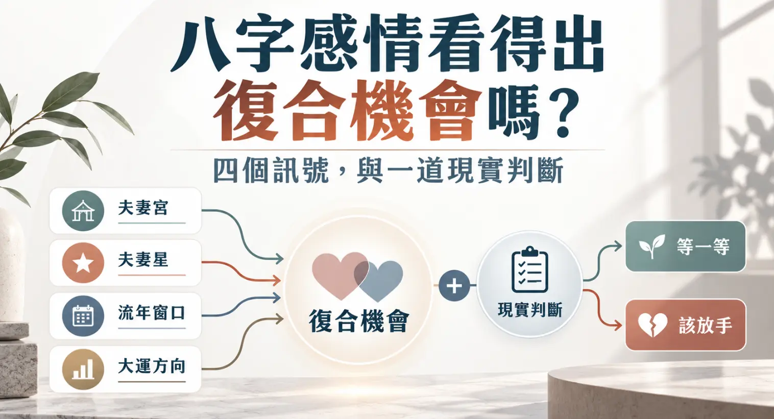 這是一張探討能否透過「八字感情」看出複合機會的決策示意圖。畫面將夫妻宮、夫妻星、流年窗口與大運方向列為評估複合機率的四大命理訊號，並強烈暗示在參考命盤指標之餘，必須加入理性的「現實判斷」，才能得出究竟該「等一等」或是「該放手」的最終結論，提醒大眾務實面對感情挽回的課題。