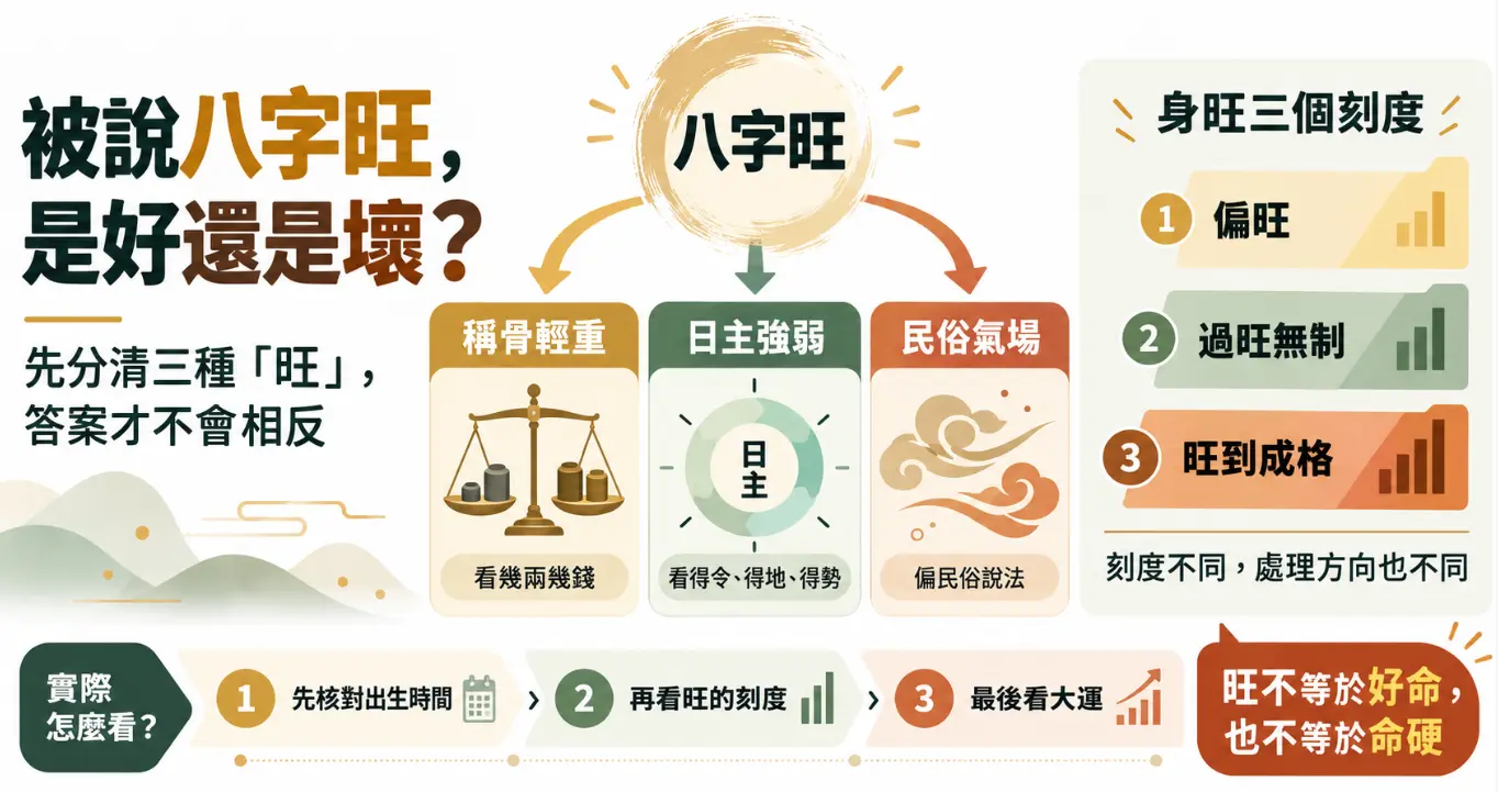 解析八字旺真實涵義的判定圖表。畫面客觀將旺拆分為稱骨輕重、日主強弱與民俗氣場三種定義，並標示偏旺、過旺無制與成格三個身旺刻度。提醒讀者評估時需先釐清系統基準，再配合大運綜合判斷，破除強弱等同好壞的迷思。