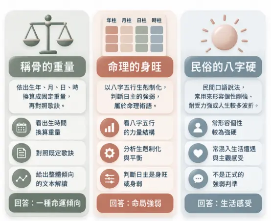 釐清八字旺相關術語的差異對照圖。畫面並列三種常見概念:稱骨重量是依出生時間換算歌訣,命理身旺是看五行力量結構與生剋制化,而民俗八字硬則偏向形容個性或主觀生活感受。透過圖表直觀區分正統命理與民間口語的評估標準。