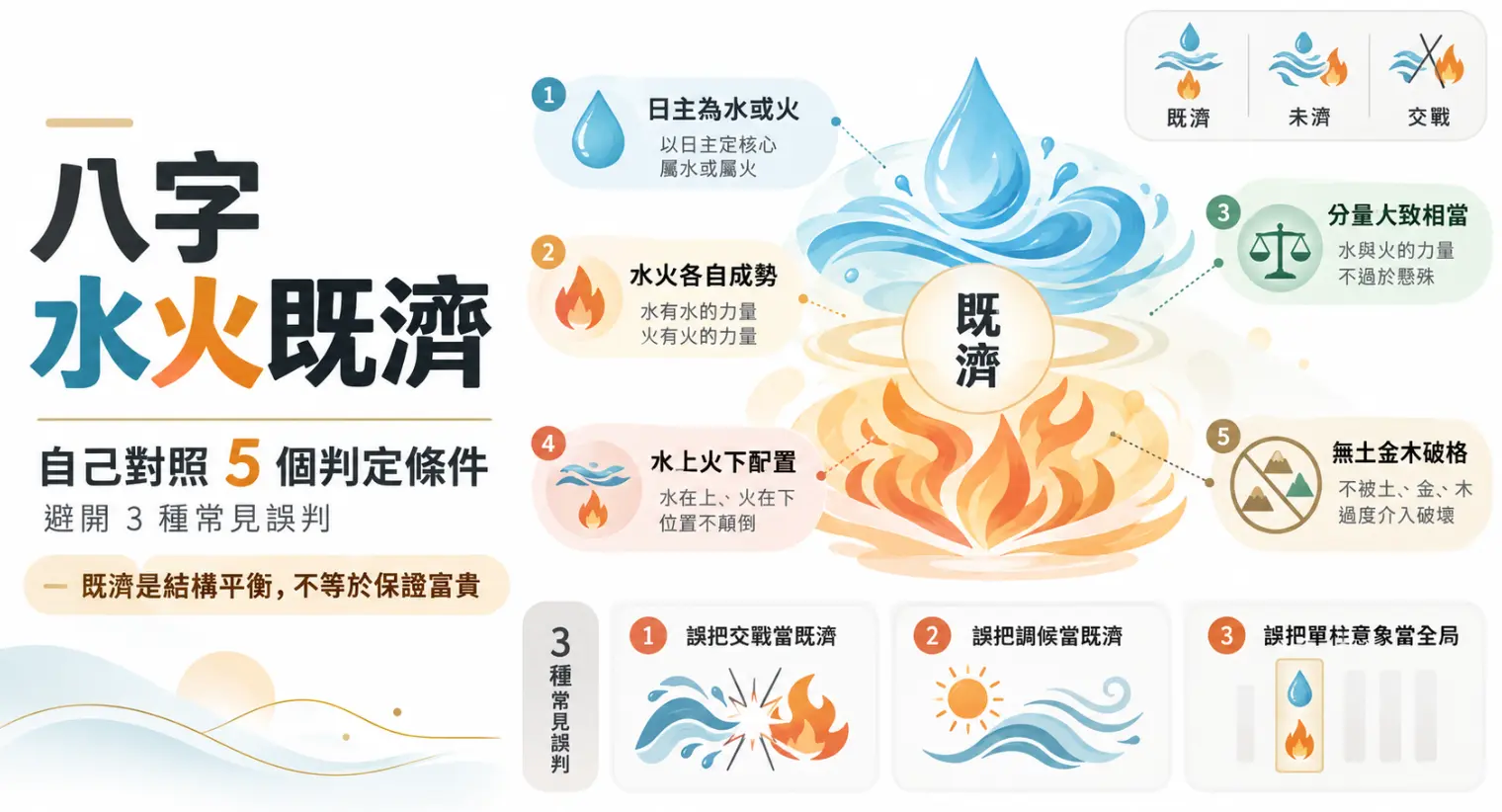 拆解八字水火既濟格局的五大成立條件圖解。畫面列出日主屬性、水火成勢、能量相當、水上火下及無其他五行破格等五項嚴格標準，同時點出易將交戰或單柱誤認的三大盲點，強調既濟代表結構平衡而非保證絕對富貴。