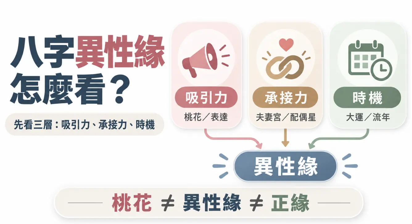 這是一張解析「八字異性緣」基礎觀念的教學圖卡。畫面將異性緣精準拆解為三大核心要素：由桃花與表達代表的「吸引力」、夫妻宮與配偶星主導的「承接力」，以及大運流年掌控的「時機」；圖卡下方更特別標註「桃花≠異性緣≠正緣」的醒目公式，提醒初學者打破只要有桃花就能順利脫單的常見命理迷思。