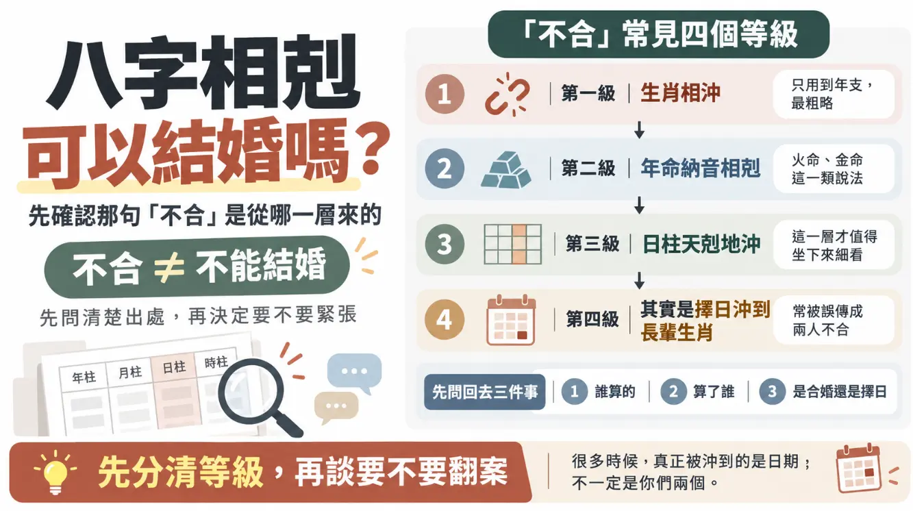 破解八字相剋能否結婚迷思的四級檢核圖。畫面將不合分為生肖相沖、納音相剋、日柱天剋地沖，甚至誤將擇日沖煞當作兩人不合等四個層次。提醒大眾面對相剋說法應先釐清來源，不合不等於不能結婚，切勿盲目恐慌。