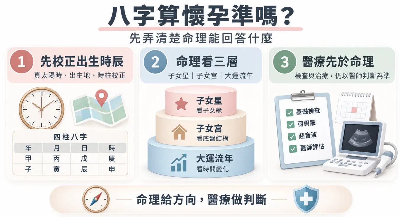 這是一張探討「八字算懷孕」準確度的綜合觀念圖卡。畫面將求子評估拆解為三大理性步驟：首先強調必須校正精準的真太陽時辰，接著透過子女星、子女宮與大運流年來層層推演命理上的緣分與時機，第三步則強調整點「醫療先於命理」；圖卡下方以「命理給方向，醫療做判斷」作為核心總結，提醒大眾在參考八字命盤時，務必將科學的生殖醫學檢查作為最終判斷依據。