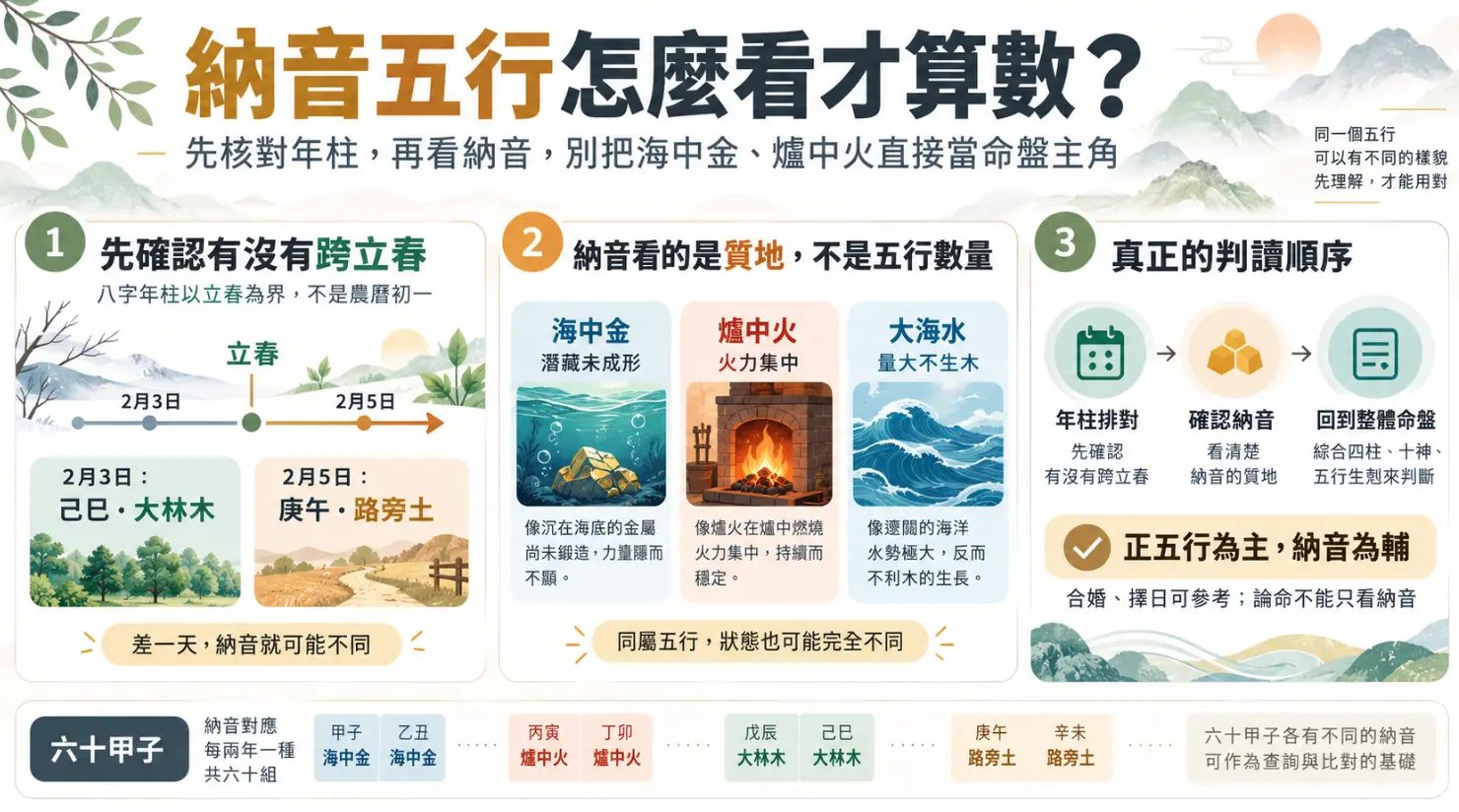 解析八字納音五行判讀順序的圖表。畫面分為三步驟：先確認是否跨越立春，其次釐清納音代表五行質地而非數量，最後強調論命需回歸命盤，堅守正五行為主、納音五行為輔的原則，避免本末倒置。