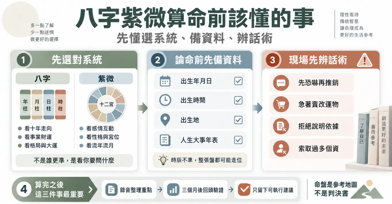 這是一張教導大眾在進行「八字紫微算命」前必須掌握的實務防雷觀念圖解。畫面以四個循序漸進的步驟展開：首先客觀比較八字與紫微兩大系統的適用情境，接著列出論命前需備妥的精確生辰與人生大事表；第三步則強烈提醒消費者在現場必須辨識「恐嚇推銷」或「拒絕說明依據」等不良話術；最後引導讀者在算完後應錄音整理，並只留下可執行的建議，藉此傳達命盤僅是參考地圖而非人生判決書的健康心態。