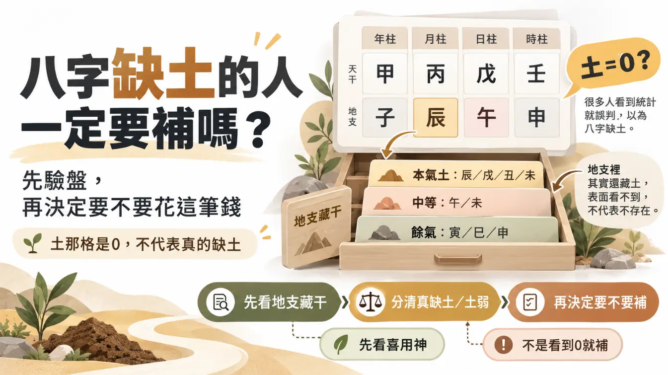 釐清八字缺土迷思的命理檢驗圖。畫面指出排盤統計顯示土為零不代表真缺土，重點在於檢視地支藏干中是否暗藏本氣或餘氣的土元素。圖表下方列出從確認藏干、分辨真缺土與土弱，到最終配合喜用神評估的三個客觀判斷步驟，提醒大眾勿盲目補運。
