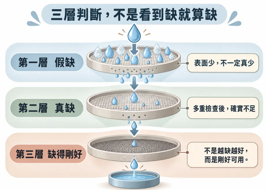 視覺化解構八字缺水真偽的漏斗過濾圖。畫面將判定過程分為三道篩網:首先釐清表面少不等於真少的假缺,接著是經多重檢查確認能量不足的真缺,最後是評估五行缺得剛好可用的狀態。強調必須層層檢驗,才能看透命盤真實樣貌。