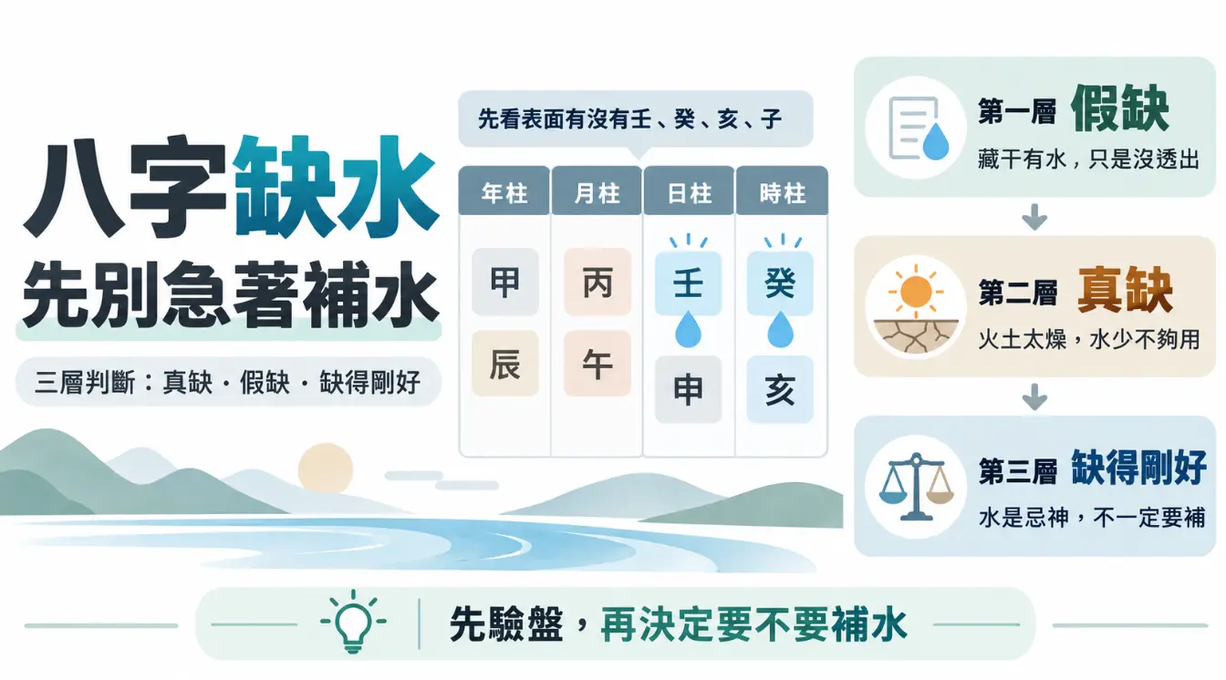 解析八字缺水迷思的三層判斷圖表。畫面提醒先查看命盤表面有無壬癸亥子，接著透過三層次釐清：藏干有水的假缺、火土太燥的真缺，以及水屬忌神而缺得剛好的狀態，呼籲大眾切勿盲目補運，應先精準驗盤再做決定。