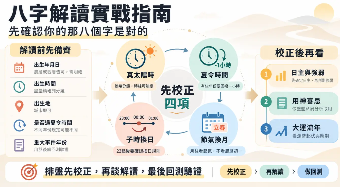 解析八字解讀前置作業的實戰指南圖。畫面拆解出三個階段：解讀前需備齊出生時地等資訊，接著務必過濾真太陽時、夏令時間、節氣與子時四項校正關卡。確認排盤無誤後，再進入日主、用神與大運流年的正式評估，確保算命不走偏。
