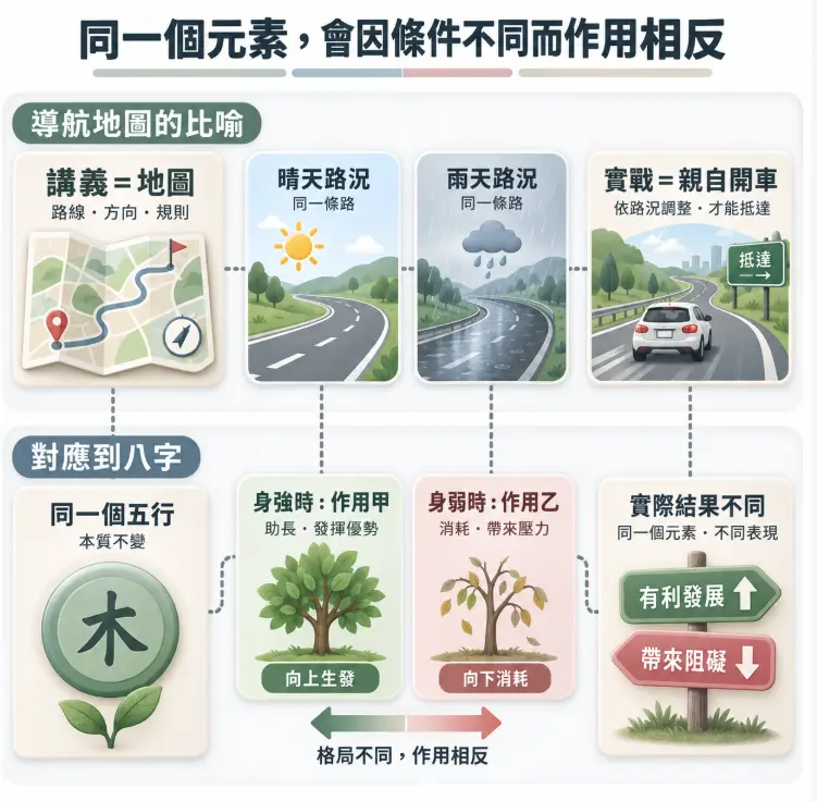 解釋八字講義元素如何因條件不同而產生相反作用的觀念圖。上半部以導航地圖為喻,說明同一條道路在晴天與雨天會有不同的駕駛路況;下半部對應至命理,展示同一個木五行在身強與身弱的格局中,會分別產生助長優勢或消耗壓力的殊異結果,強調實戰解盤時必須依據實際條件彈性調整,不能死守單一原則。