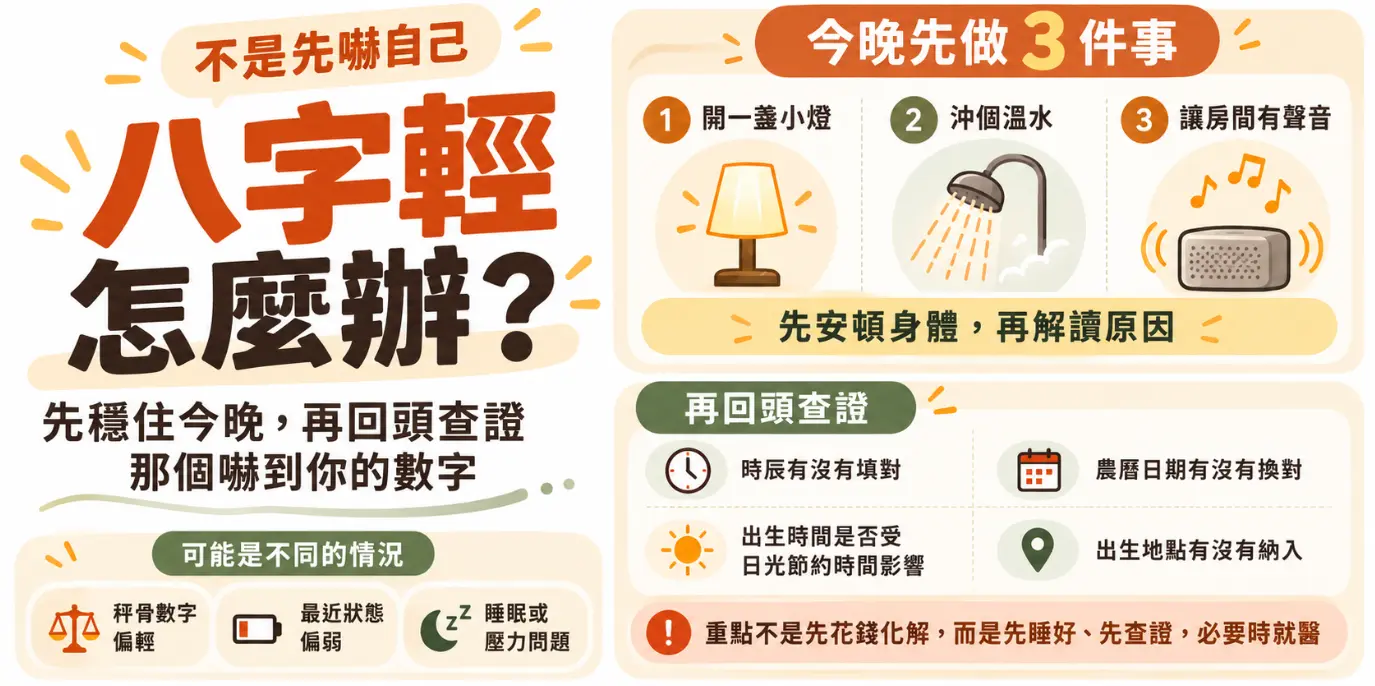 解答八字輕怎麼辦的實用身心應對指南圖。畫面建議先透過開小燈、沖溫水與維持環境聲音來安頓當下狀態，事後再重新查證出生時辰、農曆轉換等排盤細節，並釐清是否純粹為壓力或睡眠不足，呼籲大眾先穩住陣腳，而非盲目花錢化解。