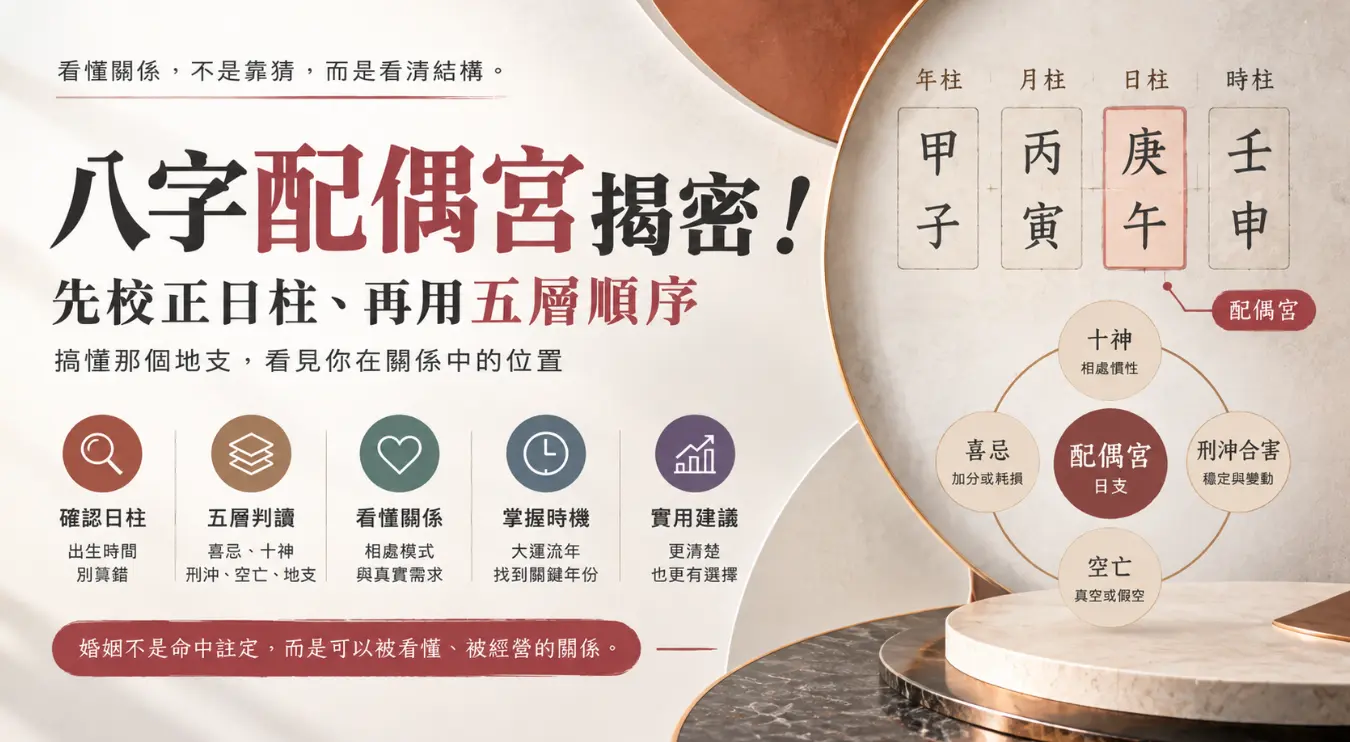 這是一張解析「八字配偶宮」的實戰攻略圖卡。畫面右側以四柱八字命盤精準標示出日支即為配偶宮，並延伸出十神、喜忌、刑沖合害與空亡等進階判斷要素；左側則梳理出從確認日柱、五層判讀、看懂關係到掌握時機的五大核心步驟，引導讀者透過系統化的邏輯看清感情結構，並傳達出婚姻是可以被理解與經營的正向觀念。