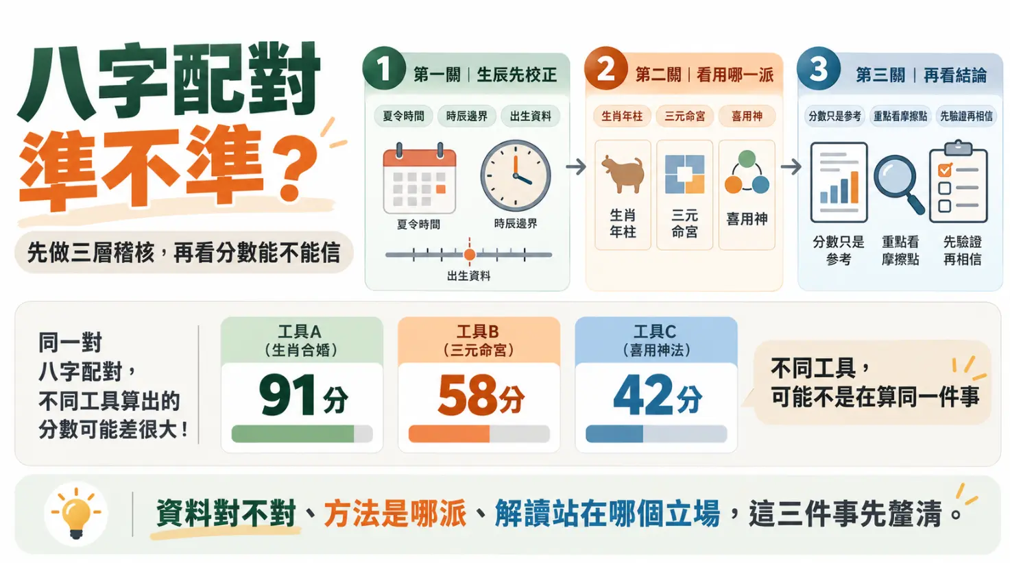 破解八字配對準度迷思的實用稽核圖。畫面點出同一對八字用不同工具測算分數落差極大，強調應先校正生辰、釐清使用的命理派別，最後將分數視為參考，著重檢視雙方相處摩擦點才是正解。