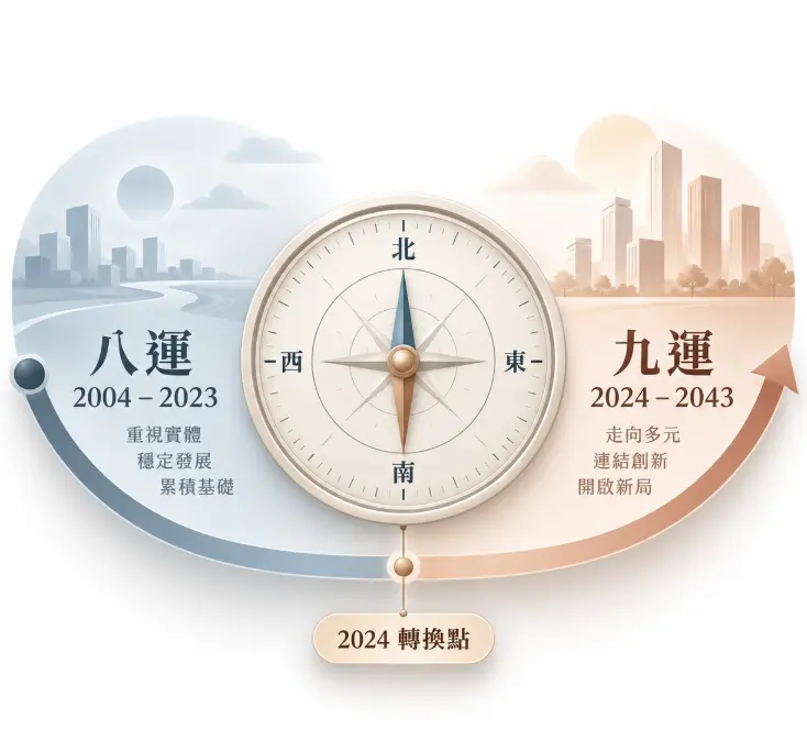 這是一幅呈現「八運風水佈局」正式邁入下一個二十年大運的時代交替圖卡。畫面正中央放置著一顆象徵方位與時間指引的羅盤，左側冷色調區塊總結了2004至2023年間重視實體基礎與穩定發展的過往特質，右側暖色調區塊則預告2024年後走向多元創新的九運新局；圖表透過清晰的時間軸底線與核心關鍵字，幫助大眾宏觀理解大環境氣場的轉變脈絡，作為後續調整居家空間的底層邏輯。