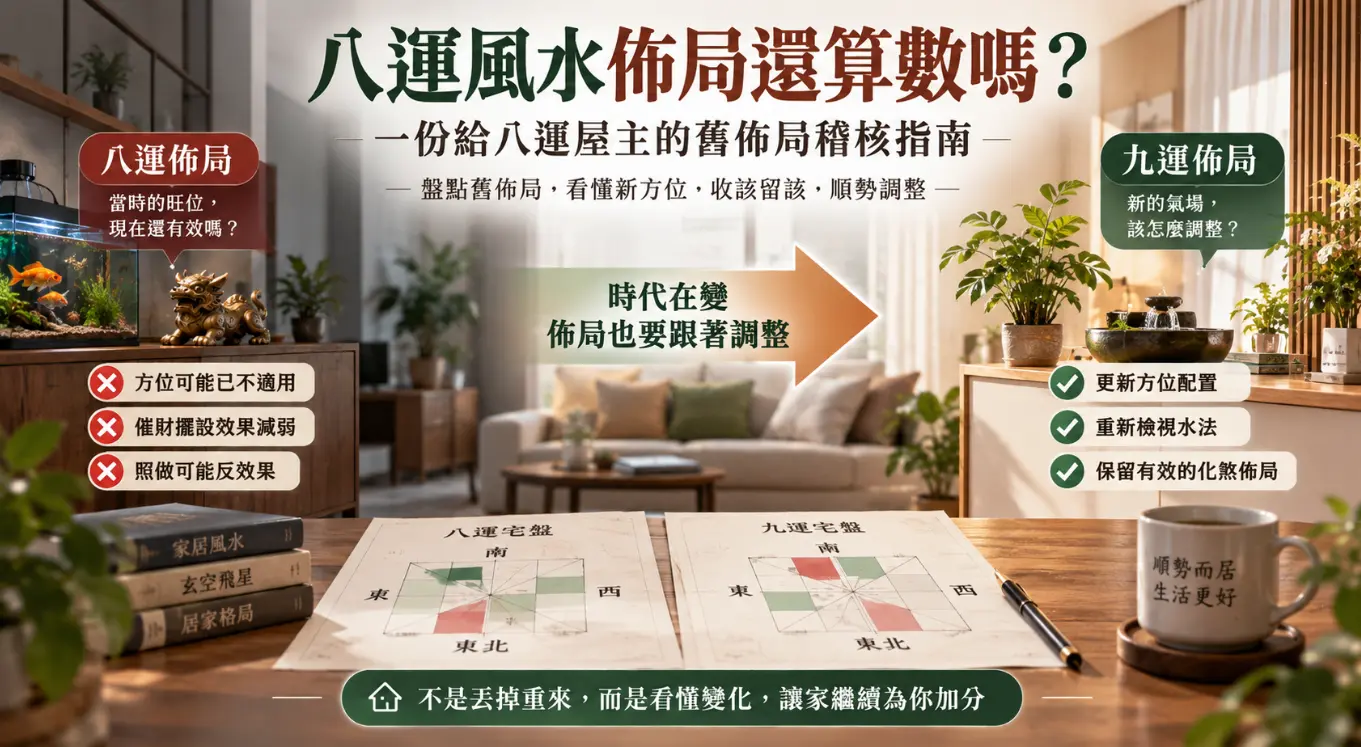 這是一張專為屋主設計的「八運風水佈局」跨期調整實境圖解。畫面以書桌上的八運與九運宅盤對照為視覺核心，左側點出舊有催財擺設可能失效或產生反效果的隱憂，右側則提出更新方位與重新檢視水法的解方；圖卡強調整體傳達出面對大環境氣場轉換時，不需將裝潢打掉重練，而是透過盤點舊有格局並順勢微調，讓既有空間持續為生活加分的務實觀念。
