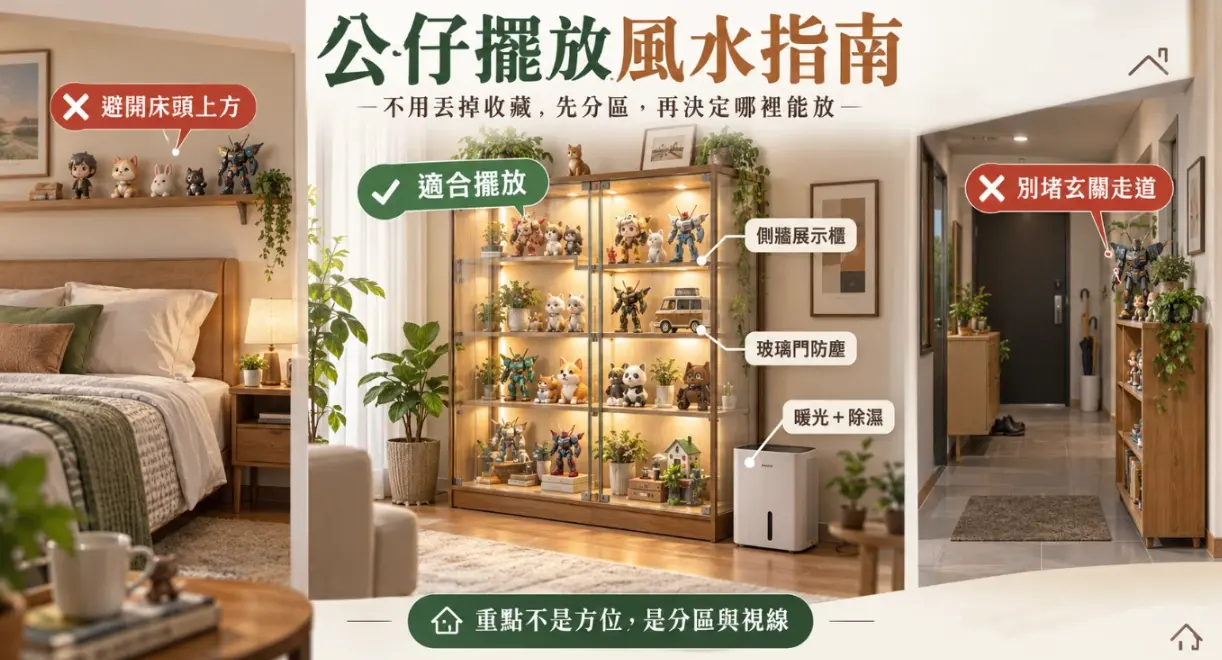 這是一張解析「公仔擺放風水」的居家實景教學圖。畫面透過三個空間對比，指出收藏公仔的核心原則：中央建議將模型集中展示於附有玻璃門與暖光的防塵櫃中；左右兩側則提醒玩家，切勿將公仔陳列於床頭正上方以免造成睡眠壓迫，也應避免堆放於玄關走道阻擋日常動線，強調收納重點在於視覺分區與居住舒適度，而非迷信特定方位。