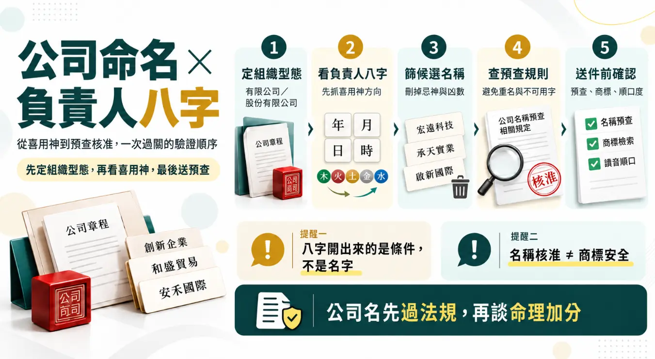 結合公司命名與負責人八字的五步驗證流程圖。畫面列出定組織型態、抓取喜用神、篩選名稱、預查法規到送件確認的順序。圖中強調八字開出的是條件，且名稱核准不等於商標安全，提醒創業者遵循先過法規再求命理加分的務實原則。