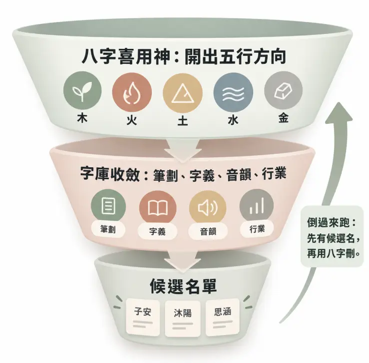 應用公司命名與負責人八字的漏斗篩選圖解。圖表由上至下展示從八字喜用神決定五行方向，再經由筆劃、字義、音韻與行業屬性進行字庫收斂，最終產出候選名單的過程。右側特別補充倒過來跑的實務策略，建議先發想名稱再用八字條件刪減。