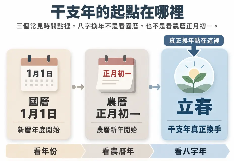 釐清六十甲子納音排盤時干支年起點的對照圖。畫面並列三個常見時間點，指出國曆一月一日是新曆起點，農曆正月初一為傳統新年，而真正決定八字干支年換手的關鍵點在於立春。提醒查閱前務必先校正立春時間，以免算錯年份與五行。