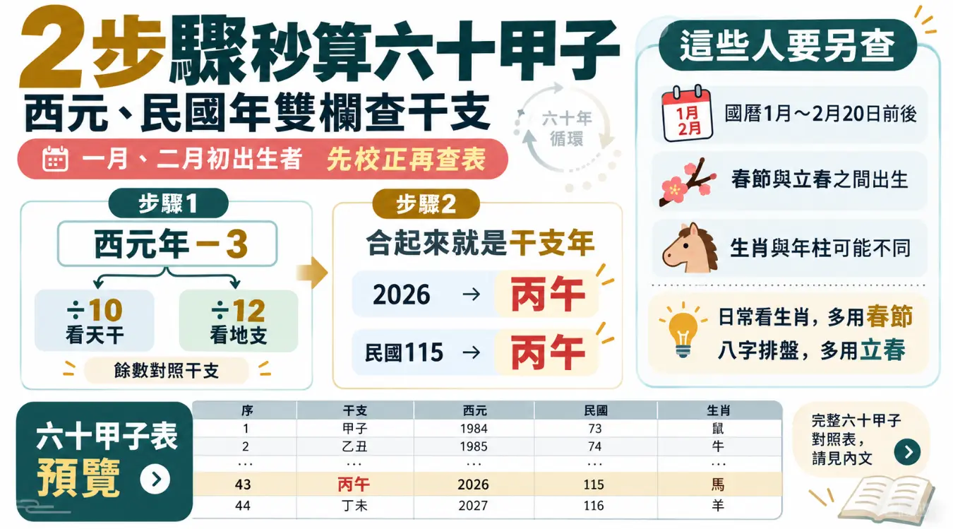 解析兩步驟秒算六十甲子干支的實用教學圖。畫面左側列出西元年減三後，分別除以十與十二求餘數的換算公式；右側則特別提醒國曆一、二月出生者，務必留意立春與春節的換年落差，避免日常生肖與八字排盤發生誤判。