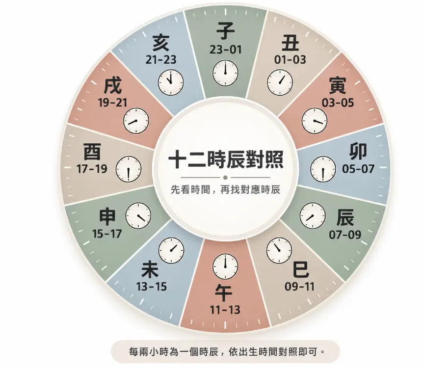 呈現十二地支時間與現代二十四小時制轉換的圓盤圖。畫面以時鐘為概念，將全天等分為十二個區塊，直觀對應子、丑、寅等十二時辰，並標註各時辰涵蓋的兩小時間距（如子時為23至01點），幫助讀者依據出生時間快速且直觀地查找對應時辰。
