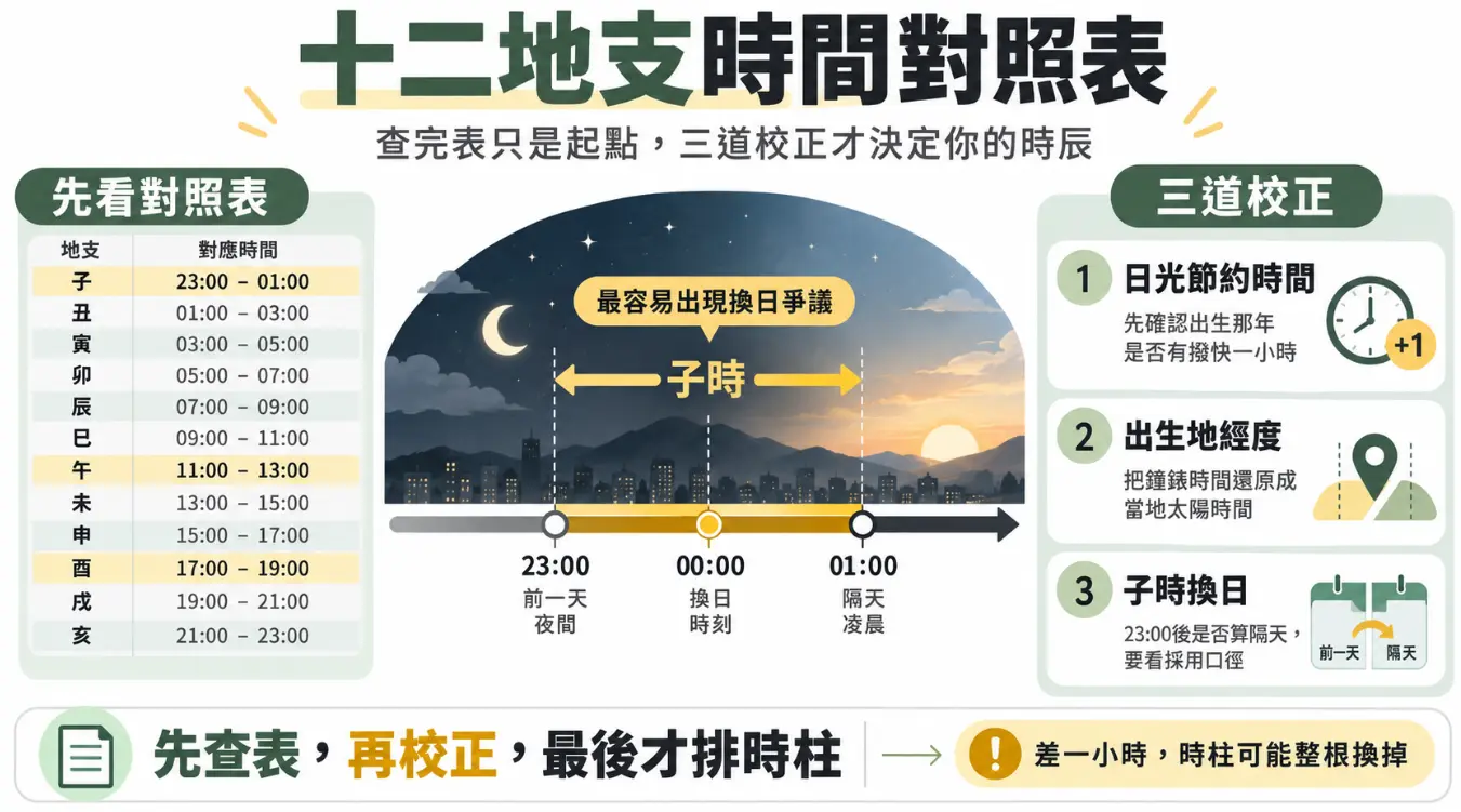 說明十二地支時間對照與排盤細節的實務圖。左側提供基礎時辰對照表，中央點出最易惹議的子時跨日區間，右側則強調排時柱前必經的三道校正：確認日光節約時間、還原出生地經度真太陽時，以及釐清子時換日口徑，避免時柱全盤皆錯。