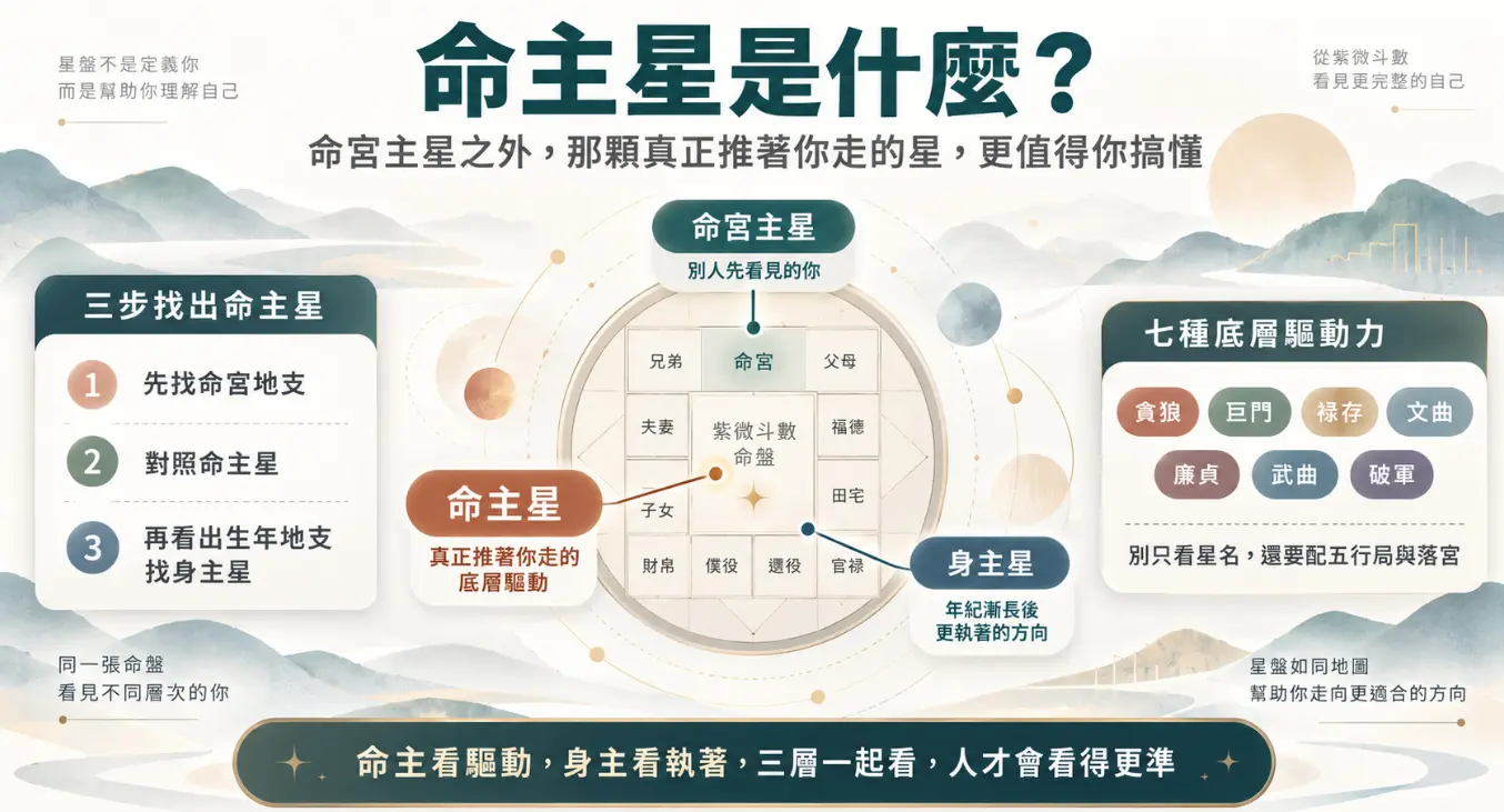 這是一張拆解紫微斗數「命主星」概念的教學圖卡。畫面以中央的命盤為核心，清楚界定出外在表現的「命宮主星」、底層動力的「命主星」與晚年執著的「身主星」三者差異；左側整理出透過命宮地支找星的三個實務步驟，右側則列出貪狼、巨門等七種底層驅動力，引導學習者跳脫單一星曜，透過三層架構疊加解讀，來精準掌握個人真實的內在動機。
