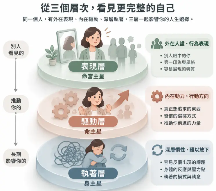 這是一幅將命理與心理狀態對應的「命主星」三層次結構圖。畫面以立體圖層生動比喻個人的內在運作機制：最上層為代表他人眼中第一印象的表現層（命宮主星）；中層為推動前進、決定真實追求與行動方向的驅動層（命主星）；最底層則是長期影響行為模式與壓力盲點的深層執著層（身主星）。圖解幫助讀者直觀理解這三股力量如何交互作用，進而看見更完整立體的自己。