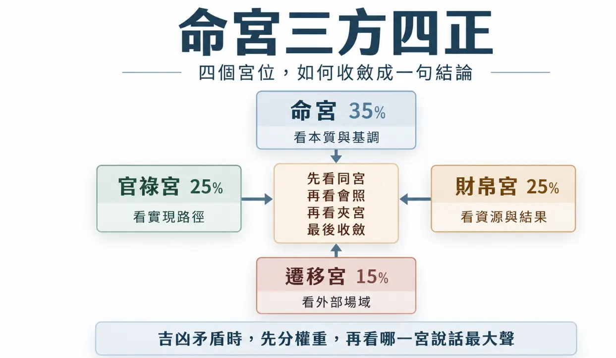 這是一張解析「命宮三方四正」綜合影響力的教學圖卡。畫面將四個連動宮位進行量化拆解，標示出命宮佔35%、官祿與財帛宮各佔25%、遷移宮佔15%；並透過中央的彙整步驟，教導讀者在遇上吉凶星曜矛盾時，應依據這套權重比例來判斷哪一個宮位「說話最大聲」，藉此將複雜的命理線索收斂成明確的單一結論。