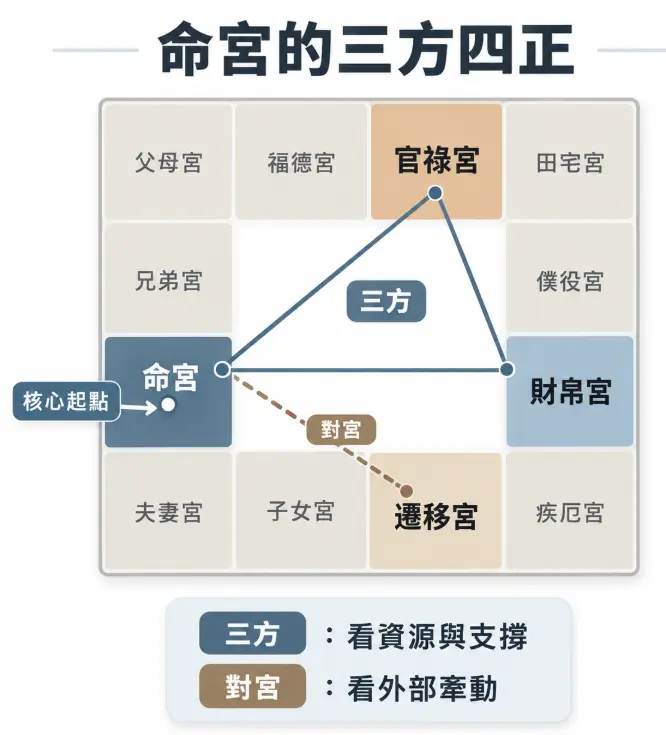 這是一幅具象化展示「命宮三方四正」空間位置的基礎概念圖解。畫面以紫微十二宮盤上的命宮作為核心起點，利用實線三角形串聯起代表內部資源與支撐的官祿宮和財帛宮（即三方），並以虛線連結對角的遷移宮，指出其代表外部環境的牽動。透過直觀的幾何連線，幫助初學者一眼看懂這四個宮位是如何相互交織，共同構成個人的生命基本盤。