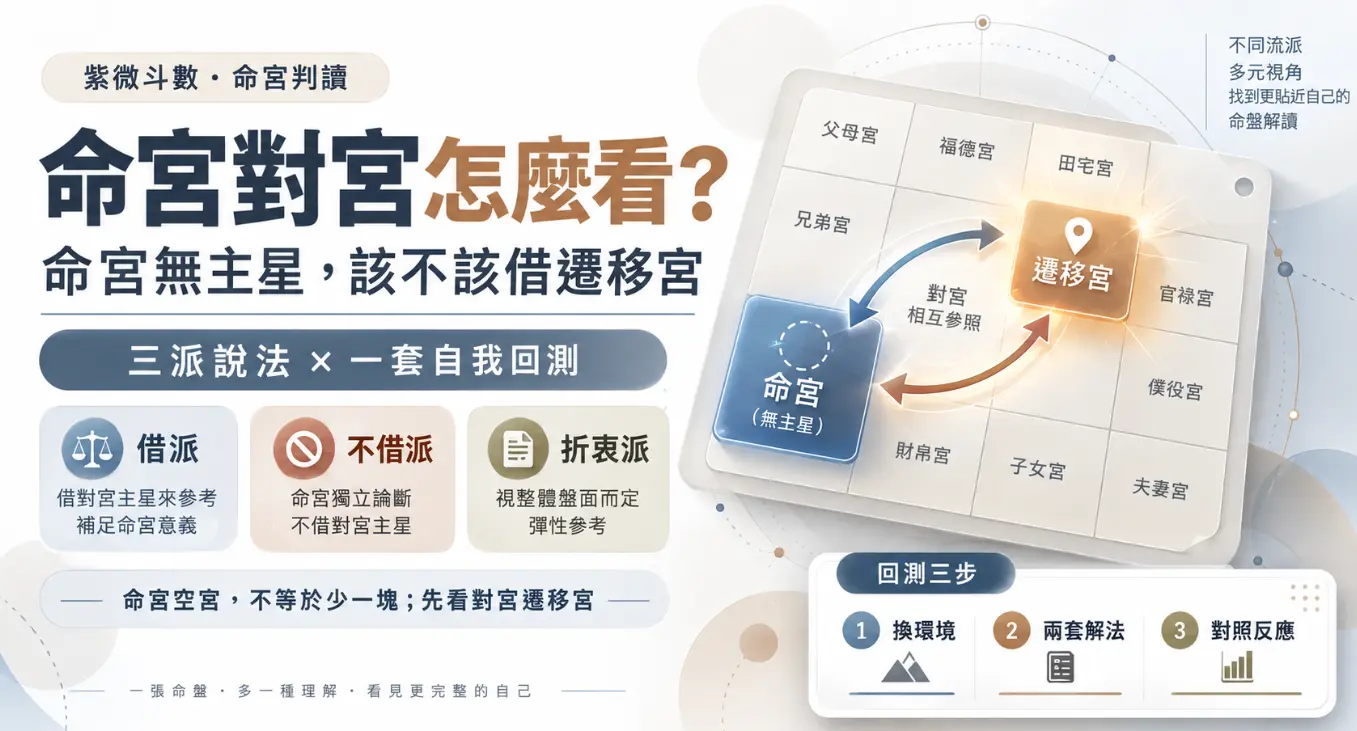 這是一張解析「命宮對宮」空宮解讀盲點的教學圖卡。畫面探討了命宮無主星時，究竟該不該借對宮（遷移宮）主星來看的命理難題，並客觀統整出借派、不借派與折衷派三種觀點；右下角更提供了一套包含換環境、兩套解法與對照反應的自我回測三步驟，引導讀者跳脫單一視角，透過實際生活經驗來驗證最適合自己的命盤解讀方式。