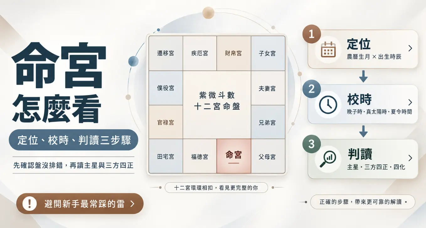 這是一張解析「命宮怎麼看」的紫微斗數入門教學圖卡。畫面右側將看命宮的流程系統化地拆解為三大步驟：首先透過農曆生月與時辰進行「定位」，接著提醒需注意晚子時或夏令時間來精準「校時」，最後才是針對主星與三方四正進行「判讀」；圖文重點提醒初學者，務必先確認排盤正確無誤，才能進行後續的命理解析。