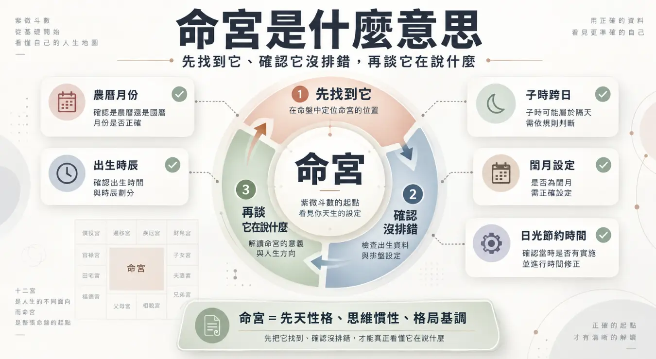 這是一張解答「命宮是什麼意思」的紫微斗數基礎觀念圖。畫面中央將解讀過程分為「先找到它、確認沒排錯、再談它在說什麼」三大嚴謹步驟；左右兩側則詳細列舉了農曆月份、子時跨日、閏月設定及日光節約時間等常見的排盤陷阱。圖卡清楚提醒初學者，必須先建立完全正確的出生時間基準，才能精準剖析命宮所代表的先天性格與思維慣性。