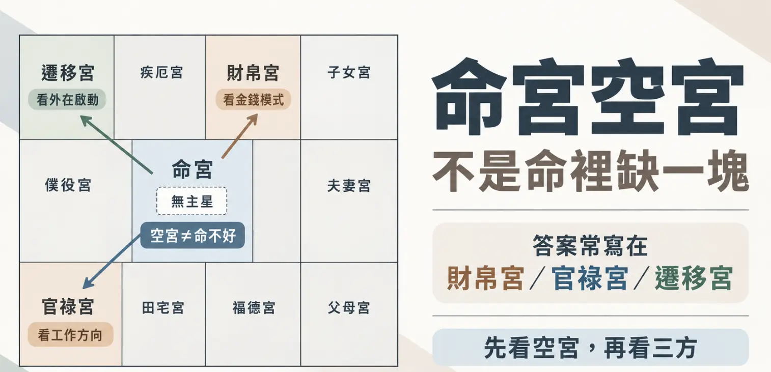 這是一張破解「命宮空宮等於命不好」迷思的觀念圖卡。畫面以無主星的命宮為中心，透過放射狀箭頭引導讀者將焦點轉向財帛宮的金錢模式、官祿宮的工作方向與遷移宮的外在啟動；圖文直白地強調空宮絕非命裡缺一塊，真正的答案與人生發展線索，往往藏在這些連動的三方宮位之中。